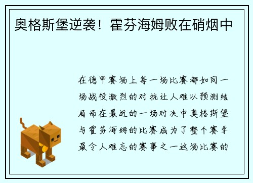 奥格斯堡逆袭！霍芬海姆败在硝烟中