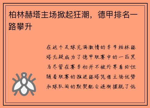 柏林赫塔主场掀起狂潮，德甲排名一路攀升