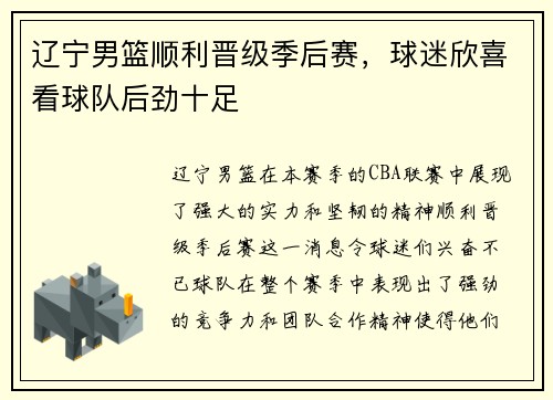 辽宁男篮顺利晋级季后赛，球迷欣喜看球队后劲十足